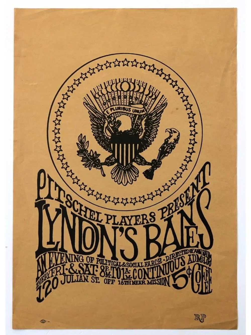 1960s San Francisco Poster, Pitschel Players Satire “Lyndon’s Bane”, Vintage Art - Picture 1 of 2